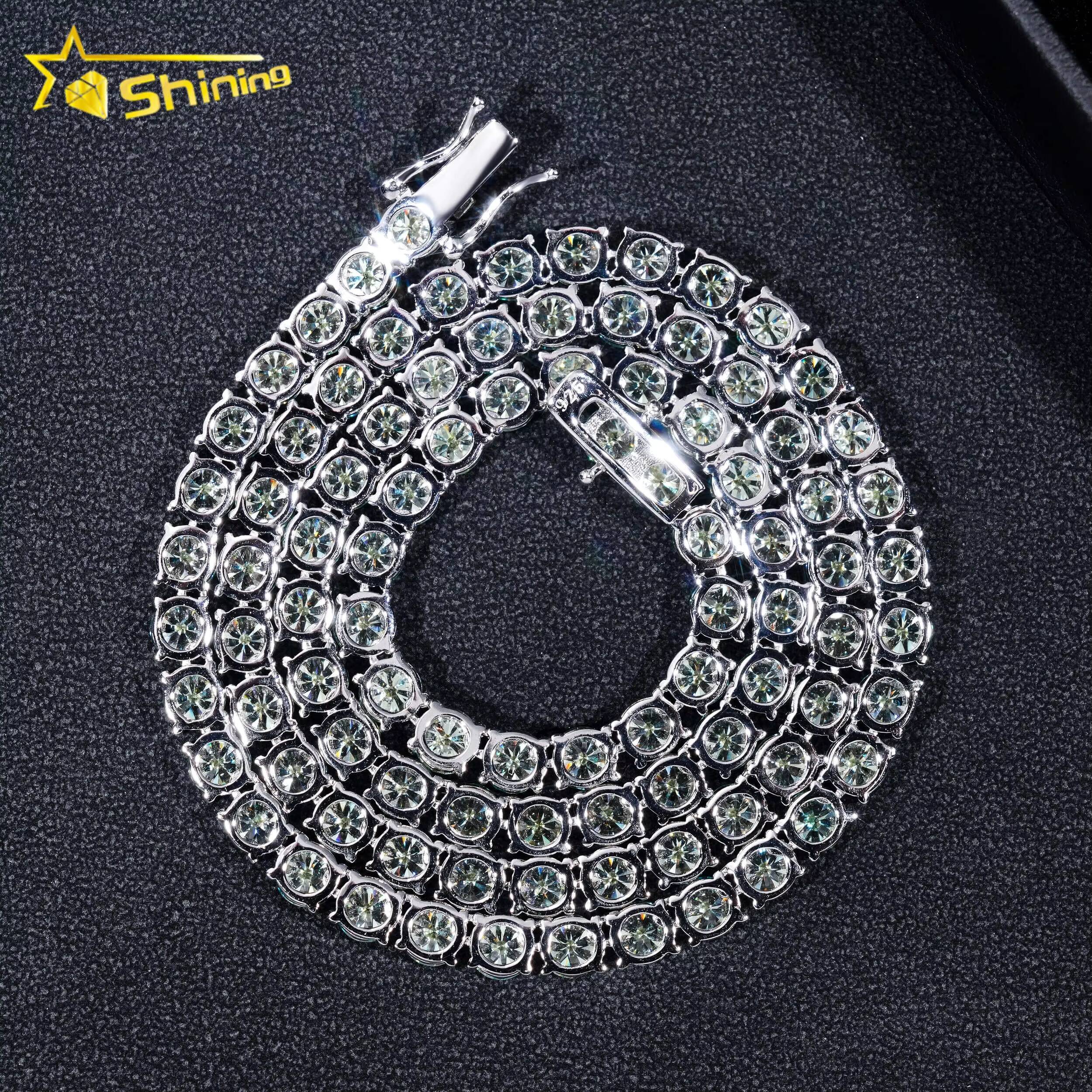 Pass Diamond Tester 925 Silver Gold Plated 3mm 4mm 5mm Iced Out VVS Blue-green Color Moissanie Tennis Chain Necklace