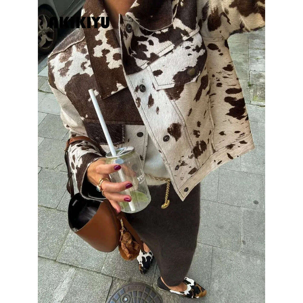 Fashionable Printed Short Leather Jacket With Collar Long Sleeve Single Chest Autumn Womens High Street Top AKIKIYU