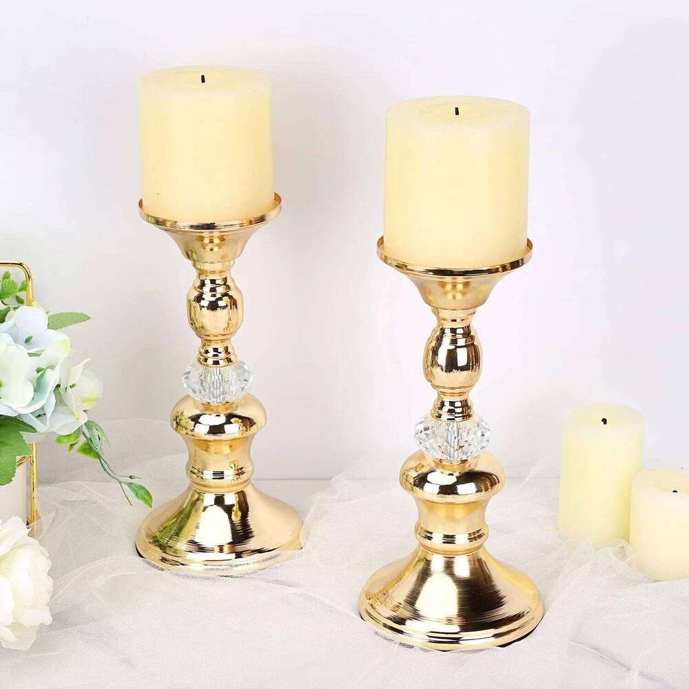 Set of 3 Sizes Gold Candlestick Vintage Holders Elegant Metal Crystal Pillar Candle Stands Y260131
