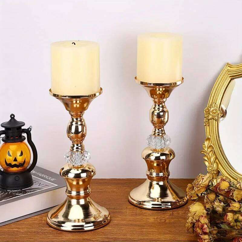 1pc Candlestick Vintage Holders Elegant Metal Crystal Pillar Candle Stands Y260131