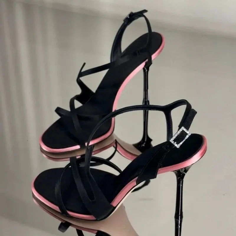 Satin Color Block Stiletto High Heels with One Belt Summer Temperament Versatile Sandals 260130