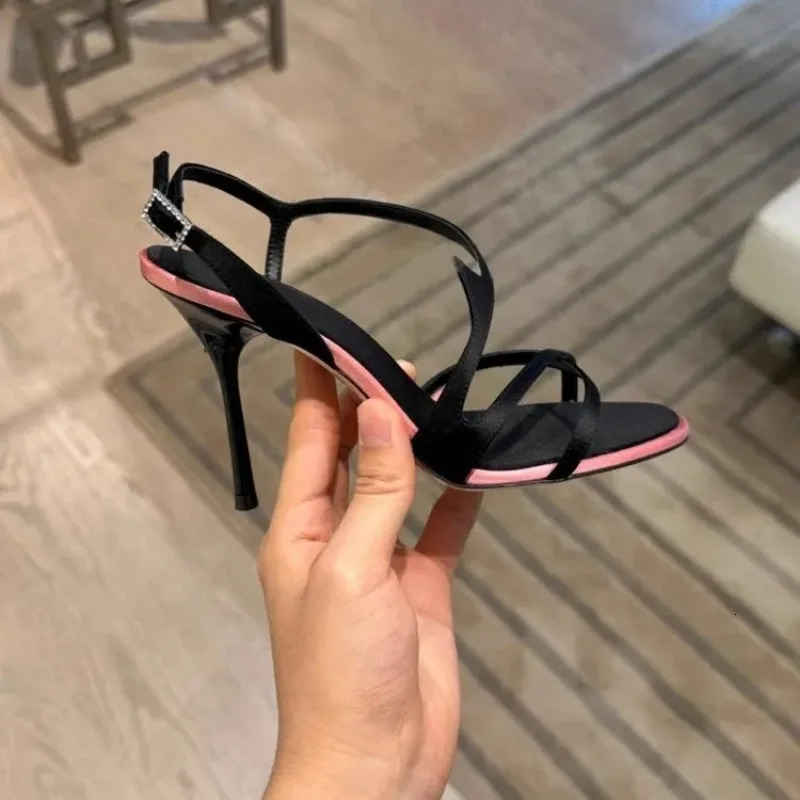 Satin Color Block Stiletto High Heels with One Belt Summer Temperament Versatile Sandals 260130