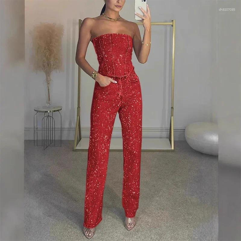 Women's Two Piece Pants CPSYMYM Rhinestones Denim Vest Jeans Set Women Sexy Slim Sleeveless Strapless Empire Waist Zipper Pocket Pencil - view 8