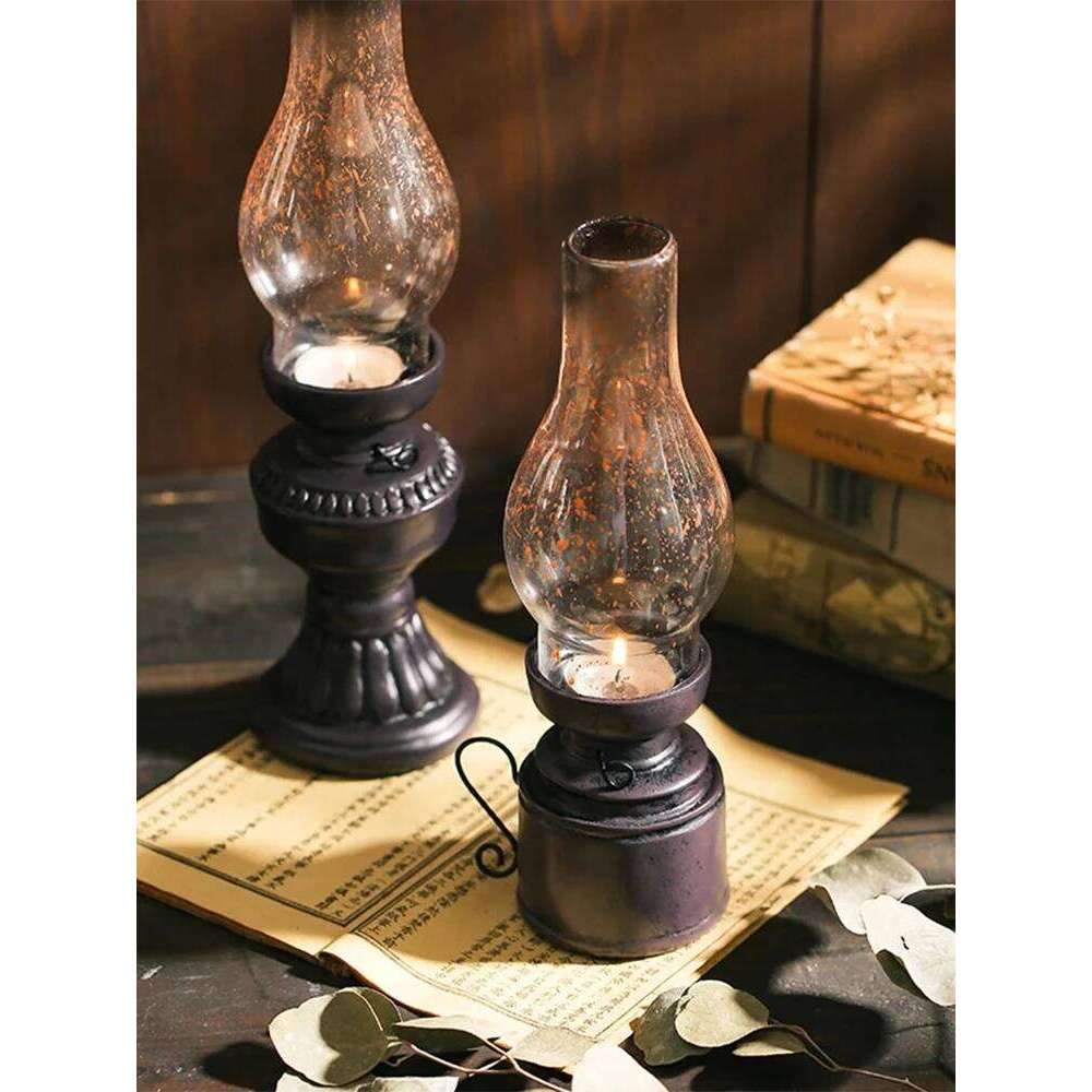 Antique Candlestick Resin Candle Accessory Glass Cover Lantern Candelabra Retro Kerosene Lamp Nostalgic Candlesticks Home Decor Y260131