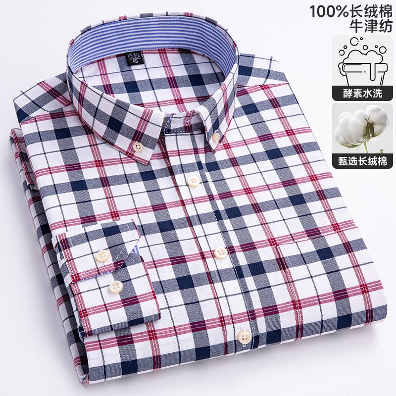 Mens Oxford Long Sleeve Shirt for Young and Middle-aged Casual Plaid Full Cotton Plus Size Shirt 240617