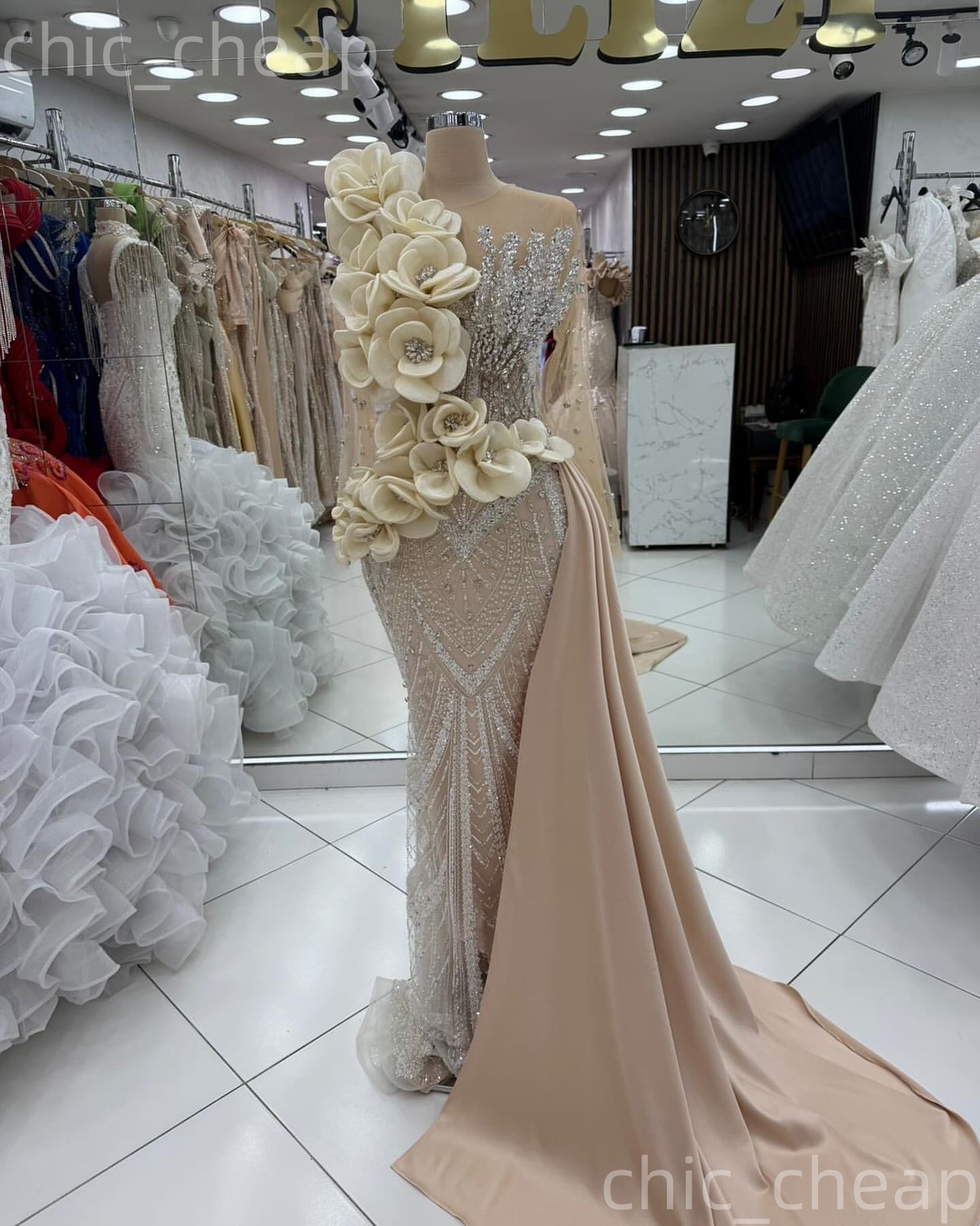 Aso Ebi Champagne Mermaid Prom Dresses 2026 Beaded Crystals Flowers Sheer Neck Evening Formal Party Second Birthday Engagement Gowns Dress For Special