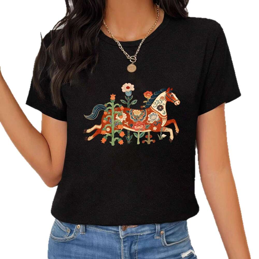 2026 Year Of The European American Summer New Women's Japanese And Korean Casual Horse Floral Pattern Printed Loose Short Sleeve T-Shirt