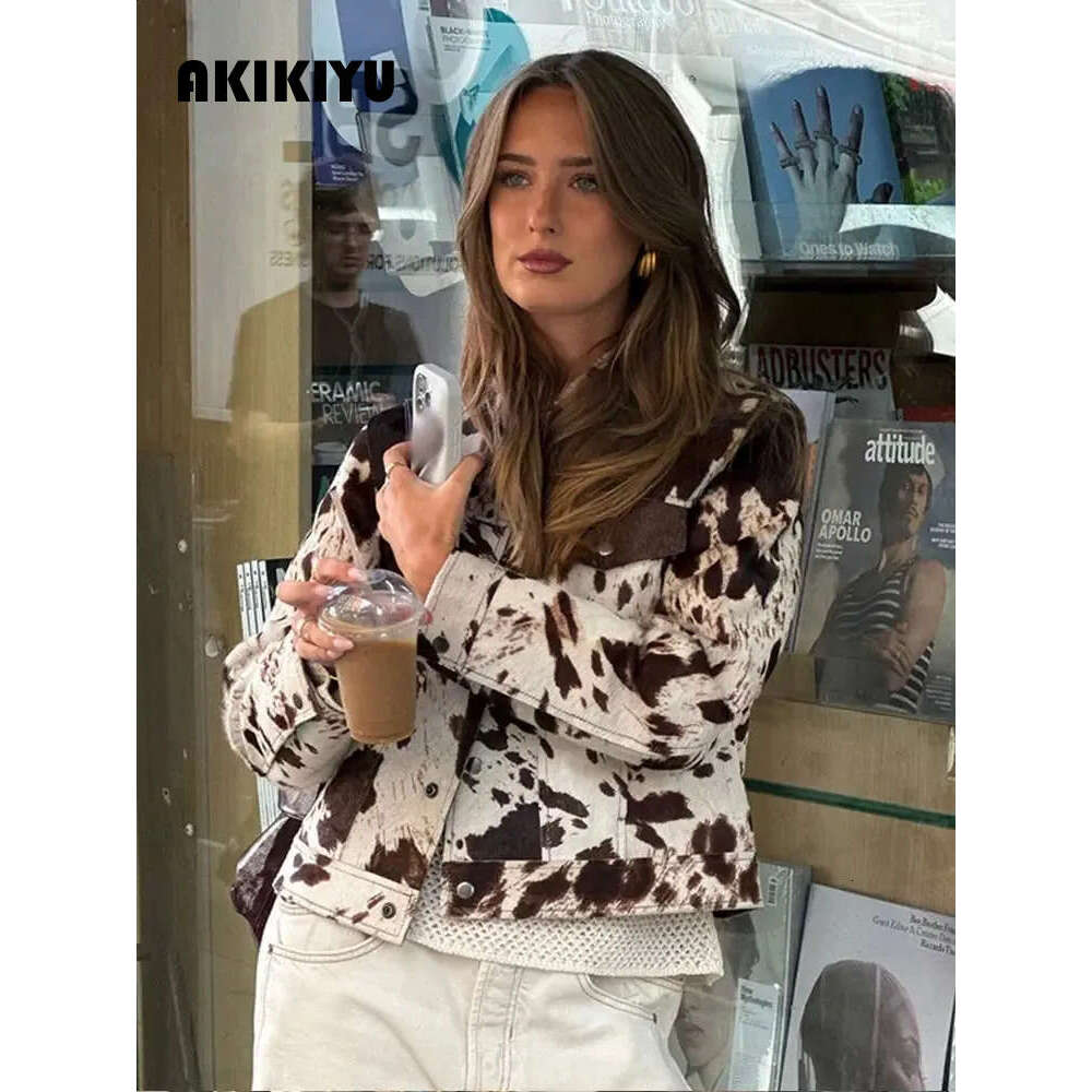 Fashionable Printed Short Leather Jacket With Collar Long Sleeve Single Chest Autumn Womens High Street Top AKIKIYU