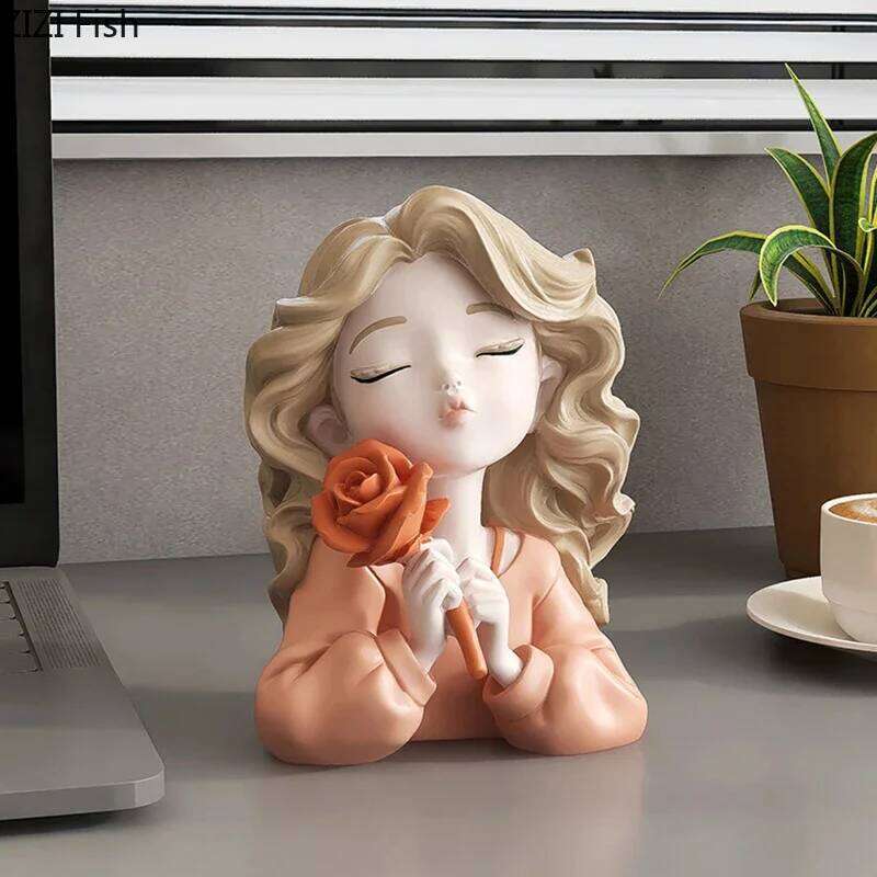 Wavy Blonde Hair Girl Figures Rose Flower Statue Desk Decoration Exquisite Character Resins Sculpture Room Aesthetics Decor Y260202