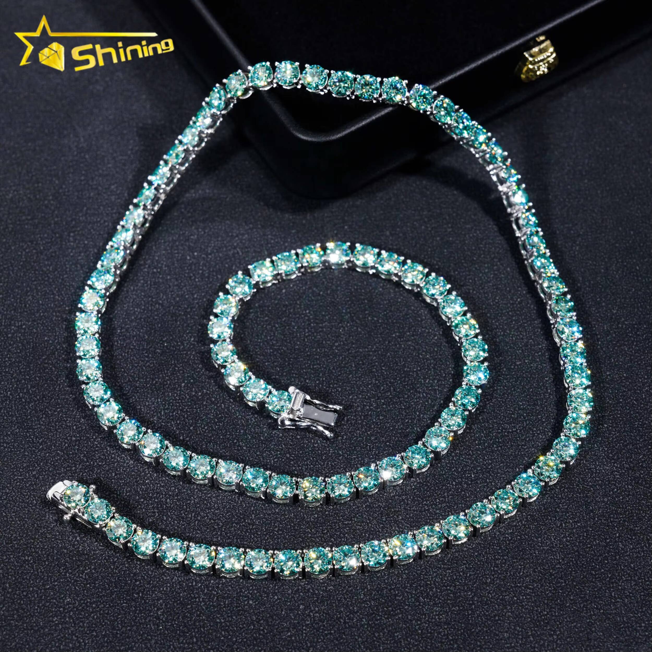 Pass Diamond Tester 925 Silver Gold Plated 3mm 4mm 5mm Iced Out VVS Blue-green Color Moissanie Tennis Chain Necklace