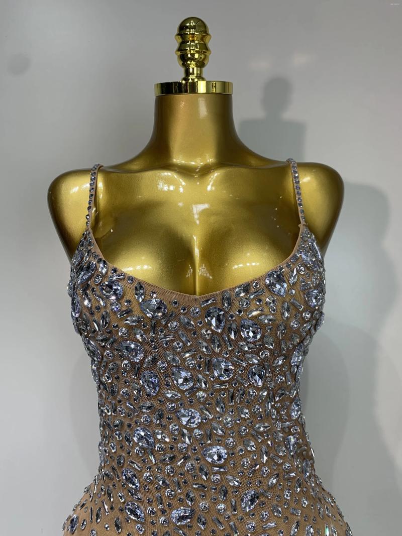 Casual Dresses Luxury Rhinestones Sexy Mesh See Through Bodycon Dress Women Birthday Evening Cocktail Party Gown Red Carpet Club Stage - view 8