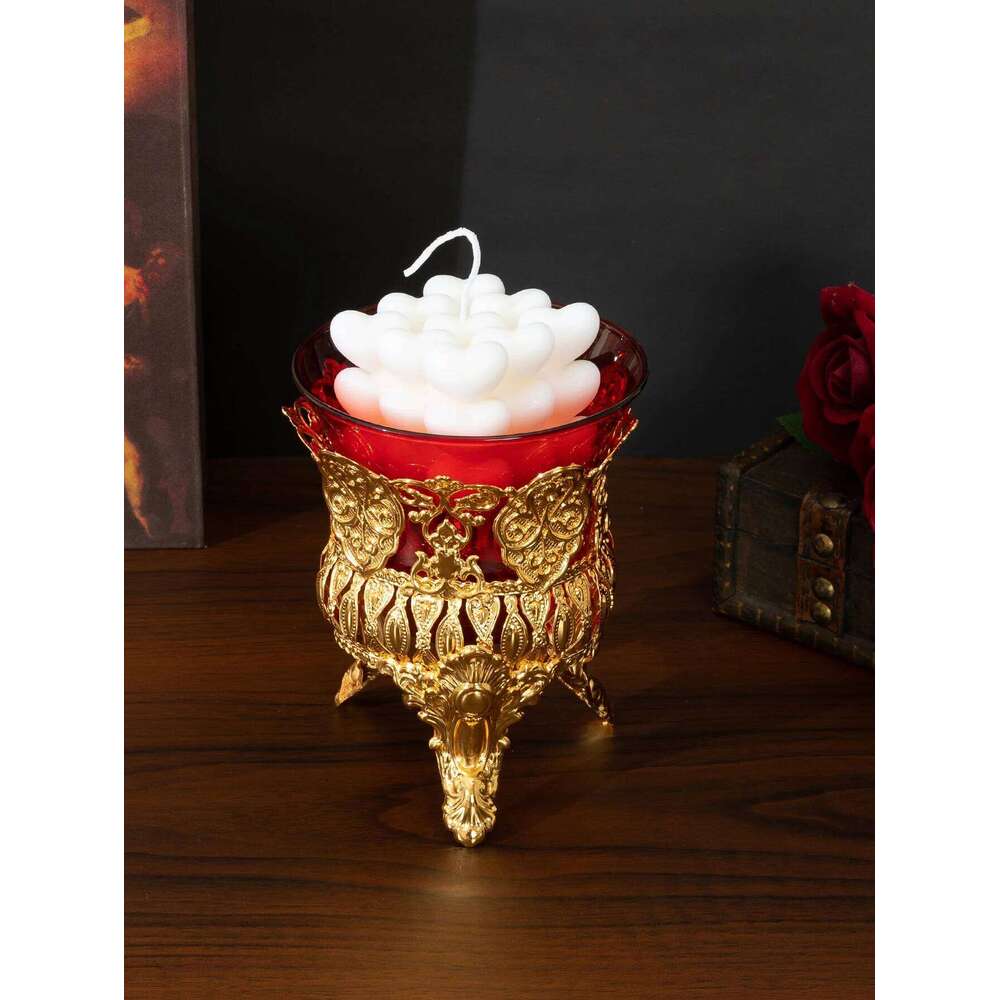 Cross-border hot selling metal red glass bowl cup European style ornament candle holder Y260131