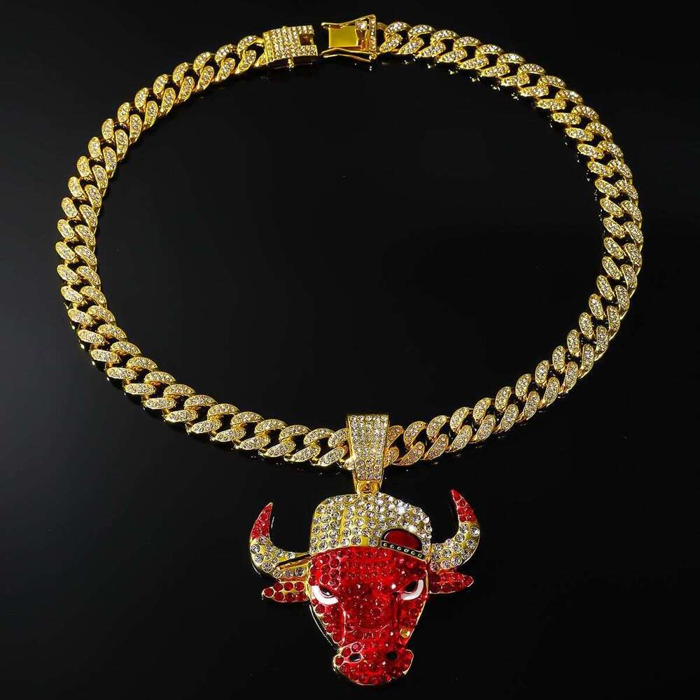 Gold Red Bull Head Pendant Full Diamond Cuban Chain Alloy Necklace Hip Hop European And American