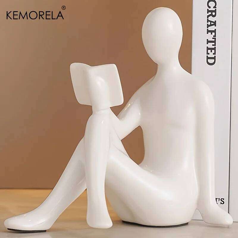 KEMORELA 2PCS Ceramic Material Statue of Person Reading a Book Home TV Wine Cabinet Office Decorations Living Room Decoration Y260202