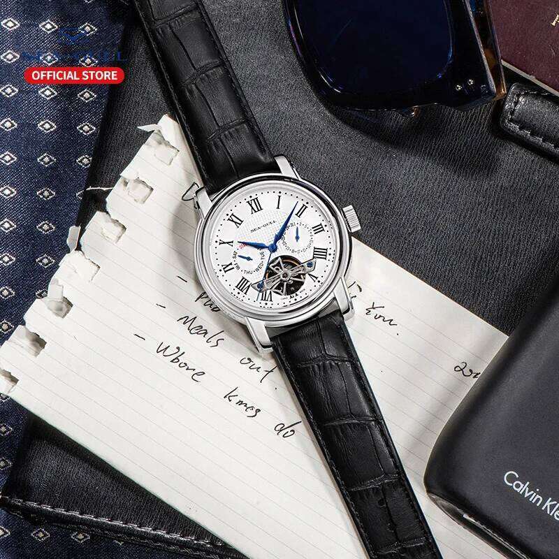 Seagull Men's Watch Automatic Mechanical Wristwatch Multi-Function Hollow Flywheel Business Weekly Calendar Watches 26Y0129