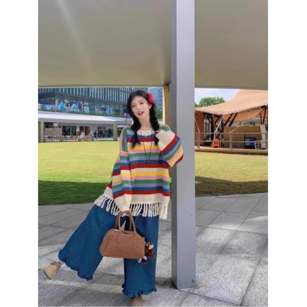 Tossy Tassel Contrast Holiday Sweater Pullovers For Women Loose Flared Sleeve Beach Boho Knit Female Cover up Pullover Crop top 240808