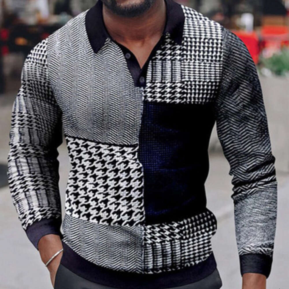 Men's Clothing New Fashion Casual Turn-Down Collar cDigital Print Men's polo shirts Casual Casual Long Sleeve Plaid