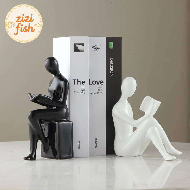 Reader Character Ceramic Statue 2pcs Library Bookshelves Bookend Creative Crafts Ornament Figures Sculpture Room Aesthetic Decor Y260202