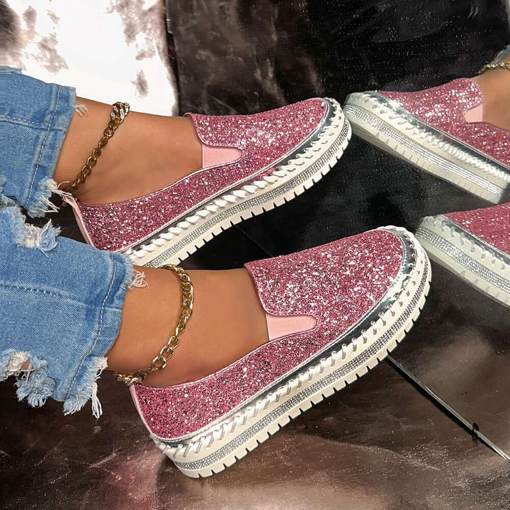 2026 Spring New Slip-On Thick-Soled Lazy Casual Sequin Rhinestone Versatile Export Large Size Single Shoes