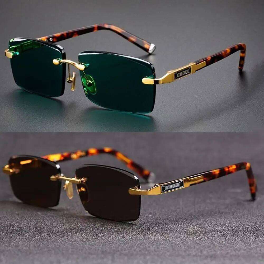 Retro Frameless Men's Green Crystal Stone Cycling Goggles Leopard Print Outdoor Sunglasses Driving Glasses Eyewear H260202