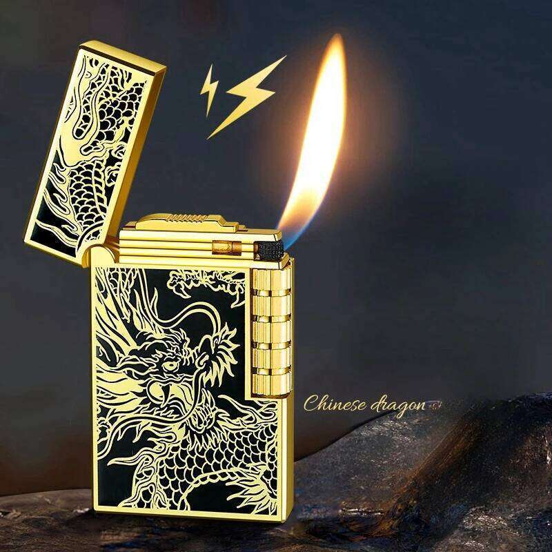 2024 Metal Steel Sound Chinese Dragon Oblique Fire Inflatable Lighter Side Pulley Igniting Butane Gas Pipe Lighters Smoking Gift W260202