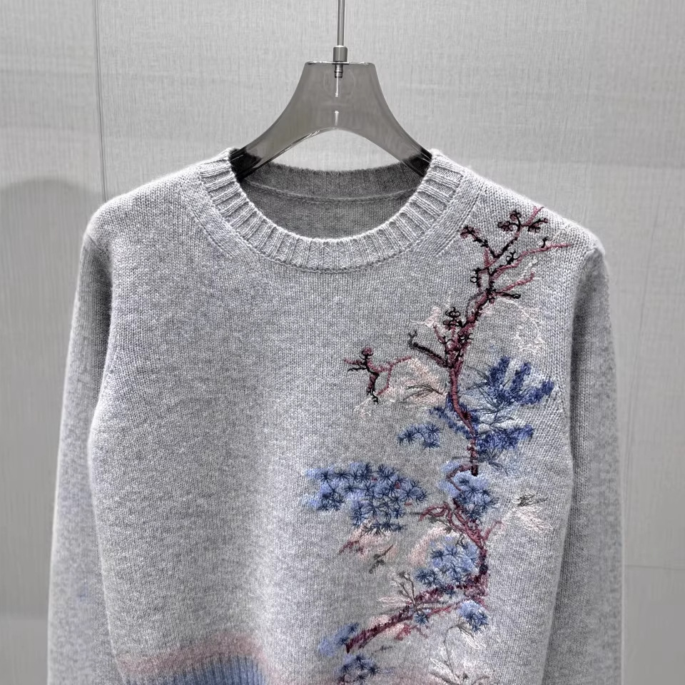 Women's Sweaters Gradient Patchwork Embroidery Floral Knitted Pullover Women Autumn O-neck Long Sleeve Cashmere Soft Sweater Pull