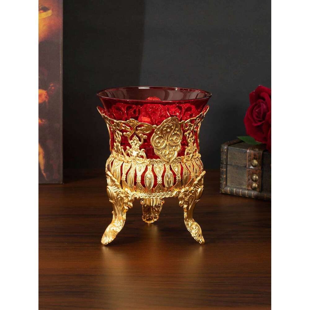 Cross-border hot selling metal red glass bowl cup European style ornament candle holder Y260131