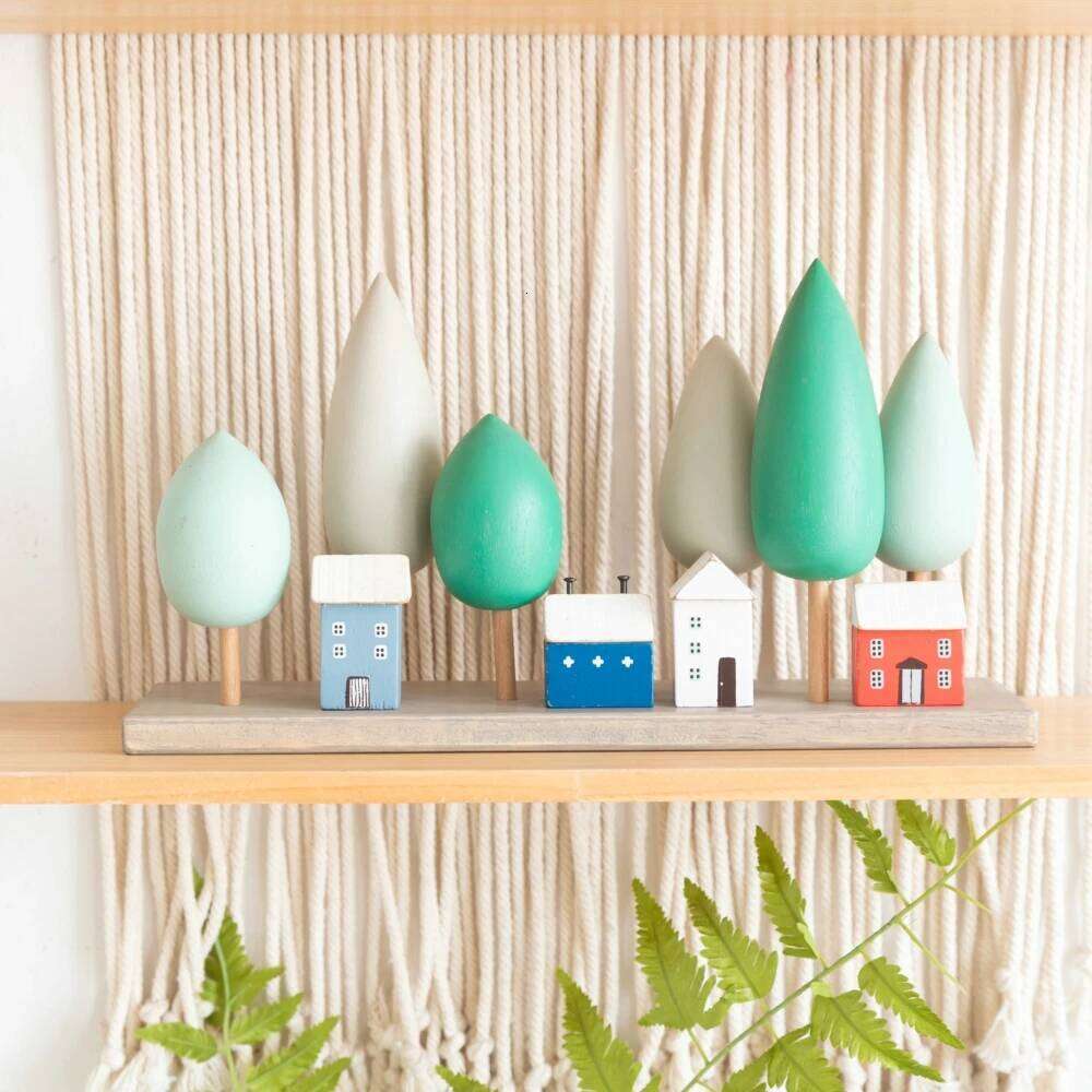 4Pcs Small Wooden House Ornament Miniature Building Table Desktop Home Decor Items Nordic Style Crafts Birthday Gifts for Women Y260202