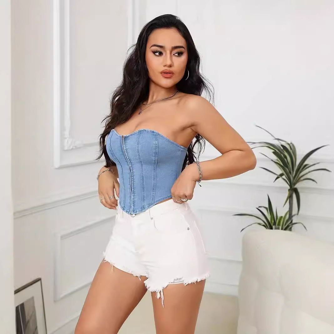 Summer Slim Fit Washed Vintage Denim Tube Top Vest Sexy Strapless Short Tie Womens Clothing 240407