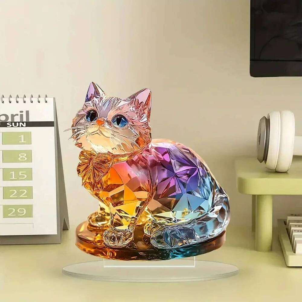 Cute Colorful Cat Acrylic Desktop Ornaments Living Room Bedroom Home Decoration Props Holiday Party Gifts Y260202