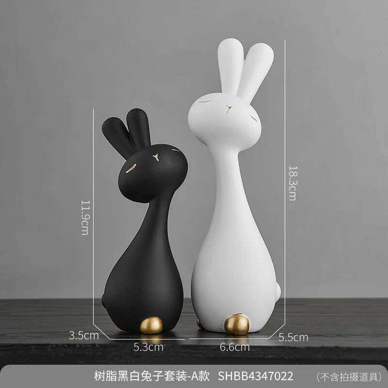 Black and white rabbit desktop small ornament resin handicrafts office , living room creative soft decoration Y260202