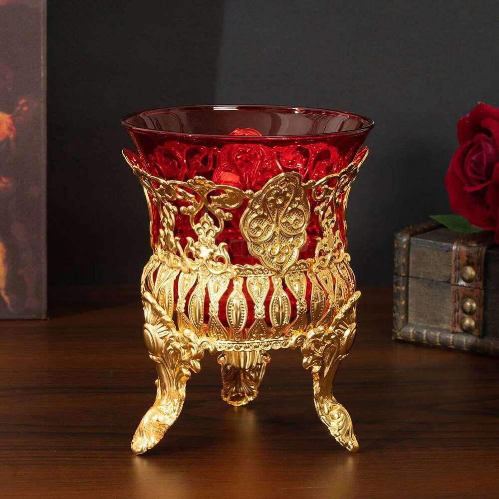 Cross-border hot selling metal red glass bowl cup European style ornament candle holder Y260131
