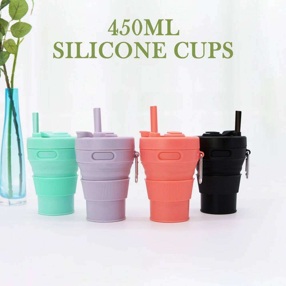 Silicone Coffee Mug Collapsible for Camping Folding Travel with Straw Reusable Portable Drinking Cups Outdoor Hiking 450ml Z260202