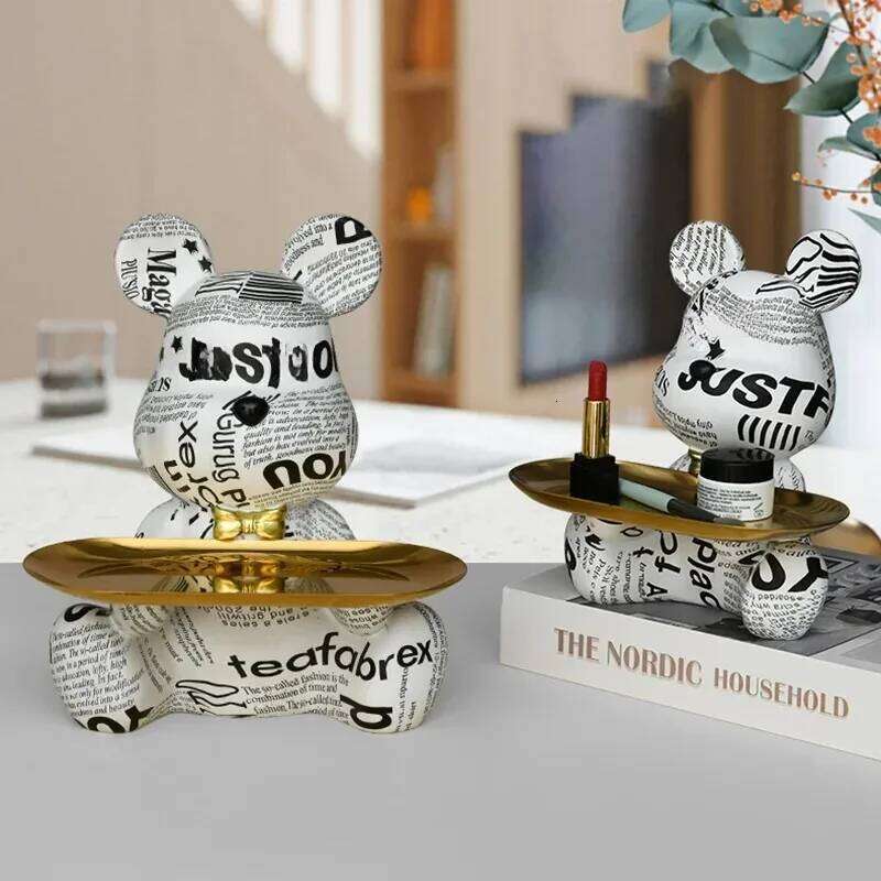 Trendy Colorful Graffiti Bear Abstract Resin Storage Statue Cute Doodle Animal Organizer Desk Holder for Home Office Ornaments Y260202
