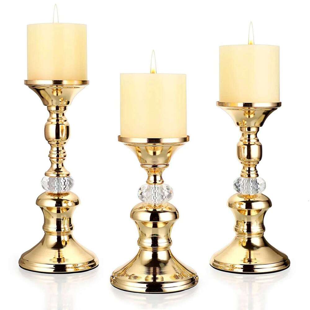Set of 3 Sizes Gold Candlestick Vintage Holders Elegant Metal Crystal Pillar Candle Stands Y260131