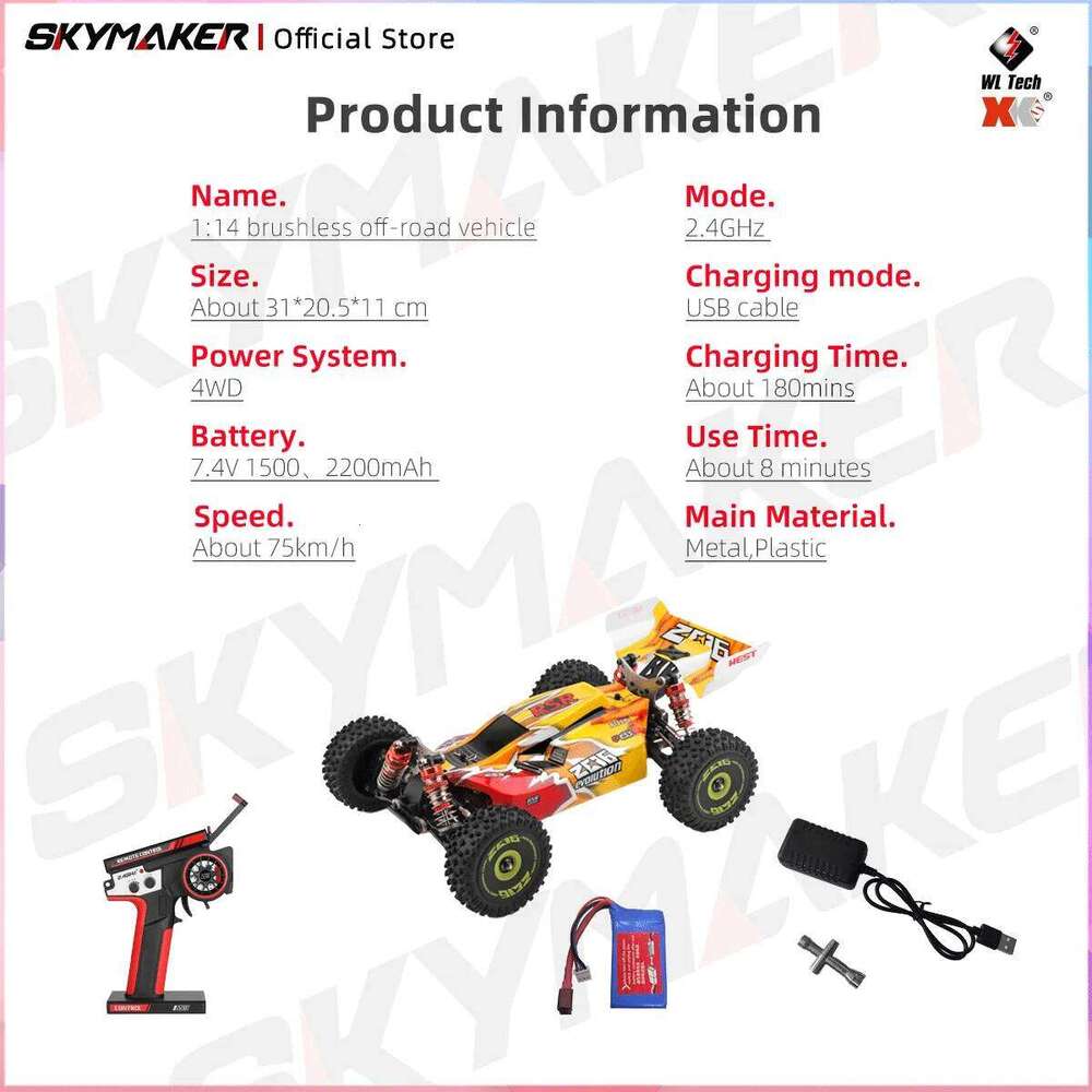 WLtoys RC Car 144010 V8 Racing 1:14 2.4G 4WD 75km/h Electric High Speed Brushless Off-Road Remote Control Drift Toys Gift Y260131