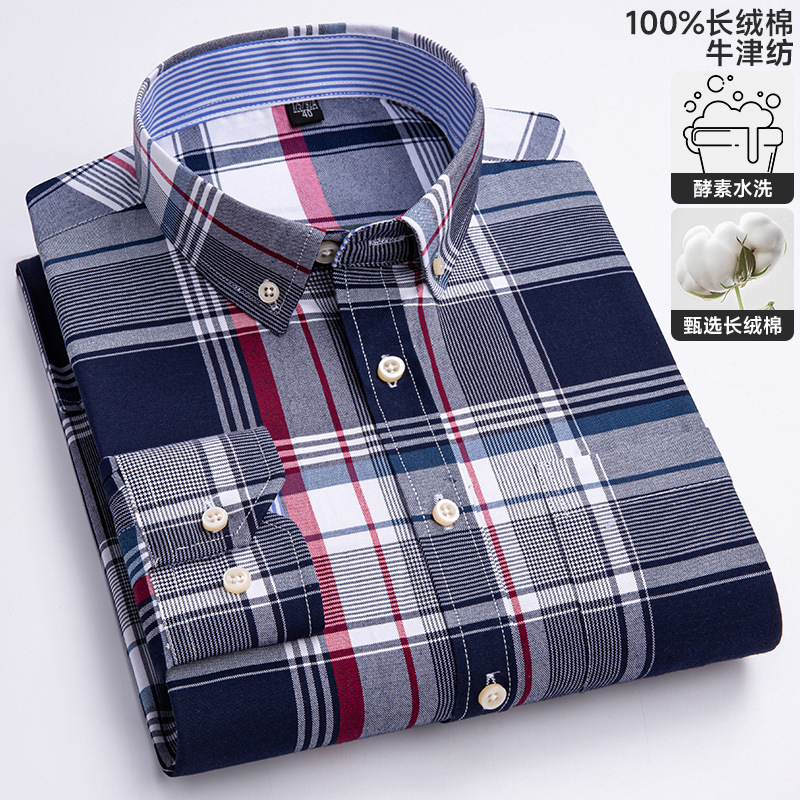 Mens Oxford Long Sleeve Shirt for Young and Middle-aged Casual Plaid Full Cotton Plus Size Shirt 240617