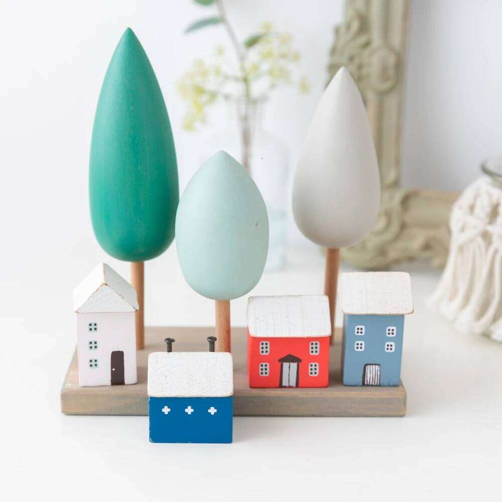 4Pcs Small Wooden House Ornament Miniature Building Table Desktop Home Decor Items Nordic Style Crafts Birthday Gifts for Women Y260202