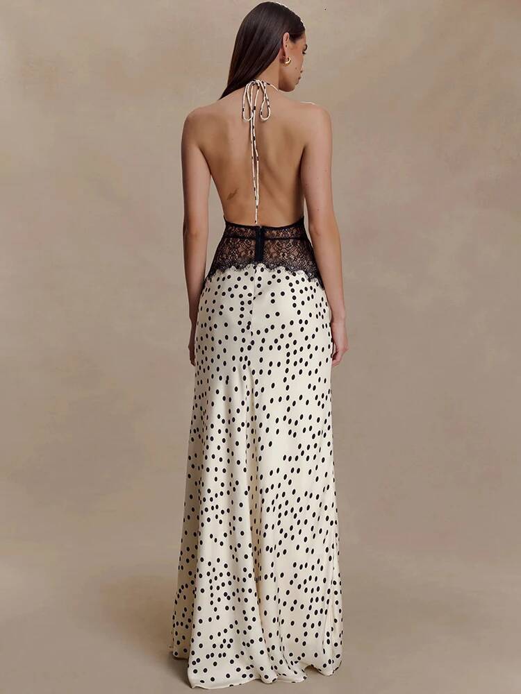 Mozision Polka Dot Backless Sexy Maxi Women Gown Elegant Patchwork Lace Halter Deep V Neck Sleeveless Bodycon Club Dress