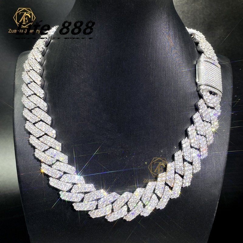 Hiphop Iced Out Cuban Chain VVS Moissanite 2 Rows Gold Cuban Necklace 925 Sterling Silver Diamond Moissanite Cuban Link Chain