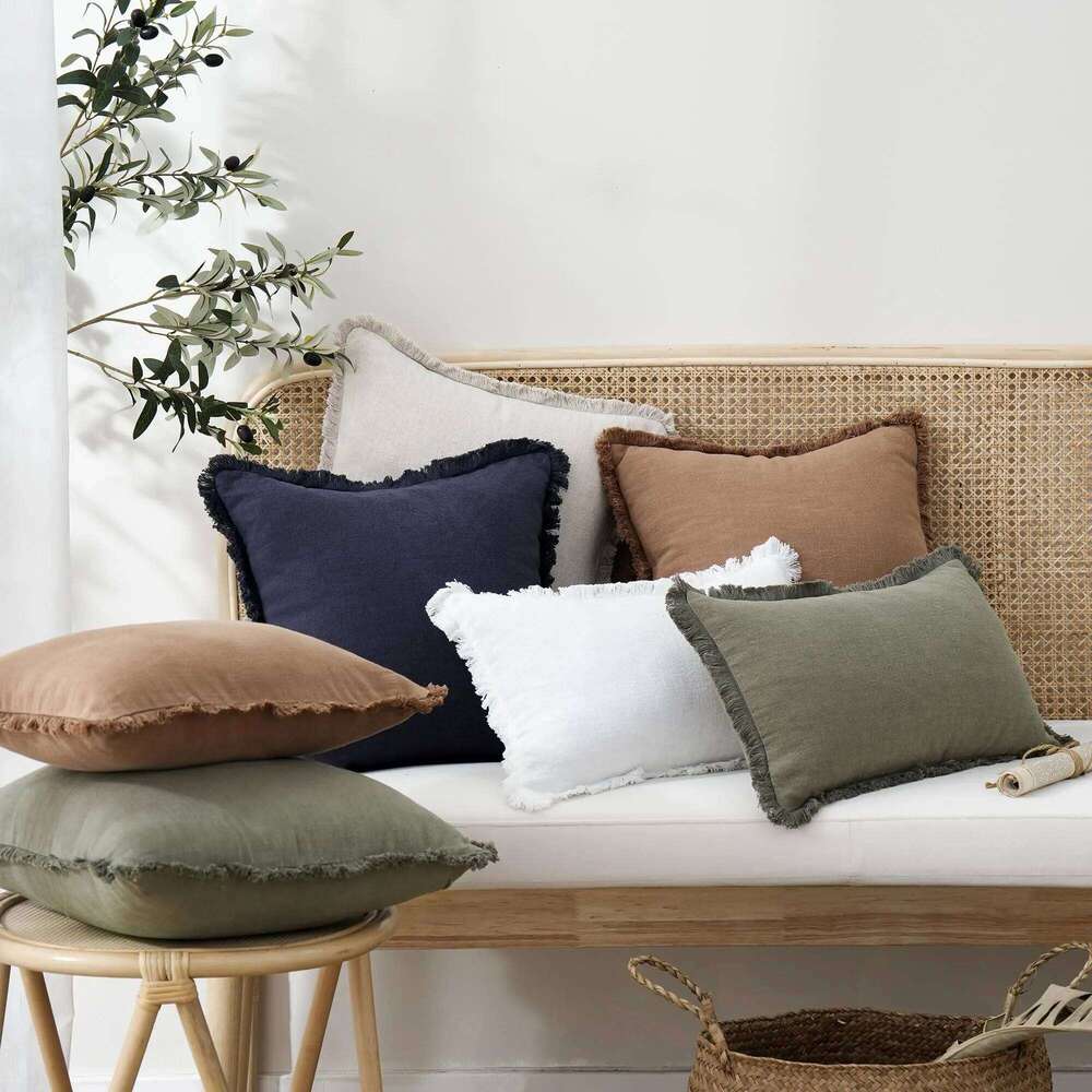Set of 2 Decorative Linen Fringe Lumbar Throw Pillow Covers Boho Farmhouse Cushion Cover with Tassels Soft Pillowcase for Couch 26Y0202