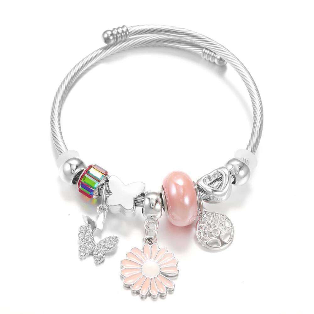 New Rhinestone Butterfly Pendant Stainless Steel Beaded 4 Colors Painted Flowers Closure Bangles Bracelet Women Jewelry H260202
