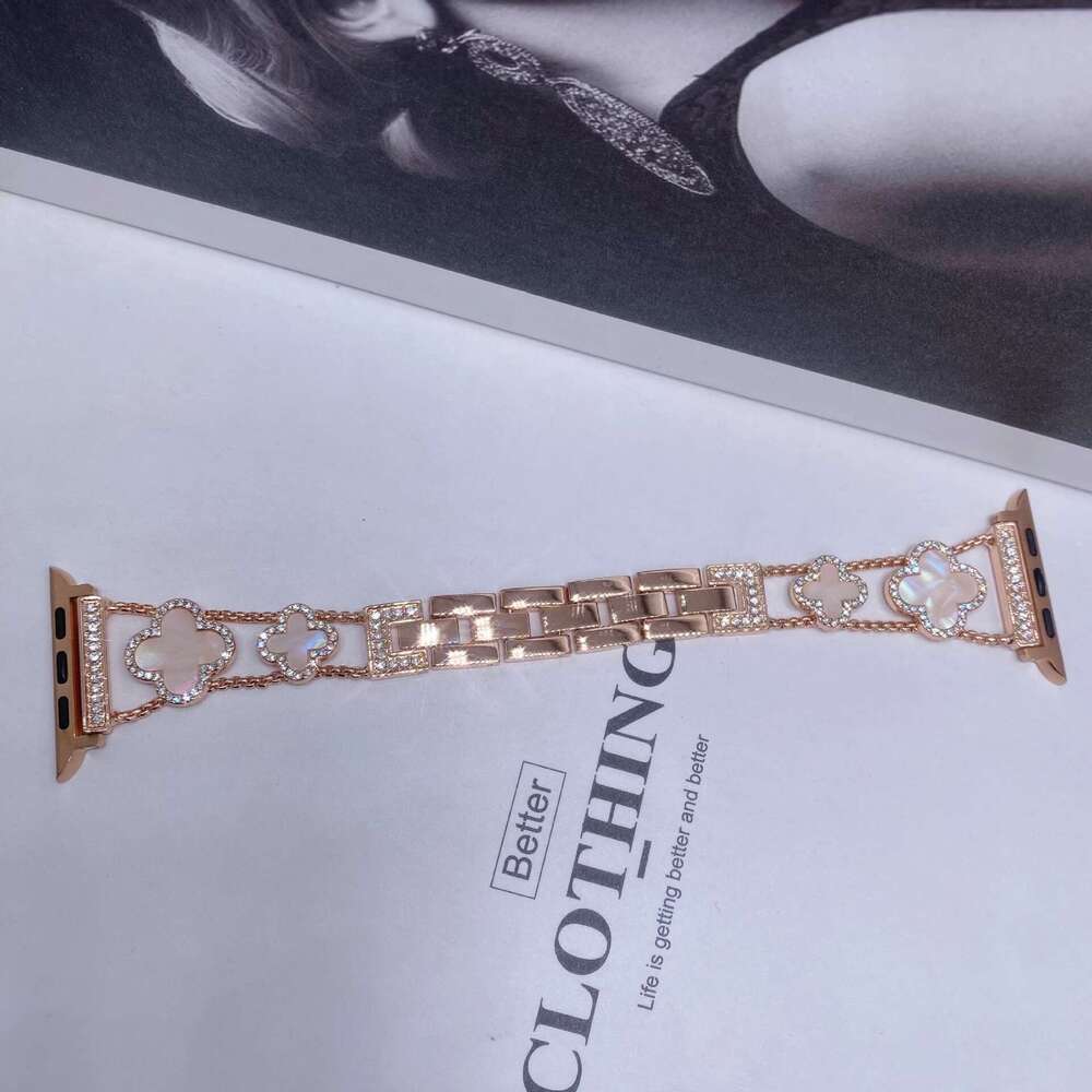 Sparkly Diamond-Encrusted Clover Metal Band Bling Rhinestone Bracelet Strap Compatible with Apple Watch SE1-11 Series