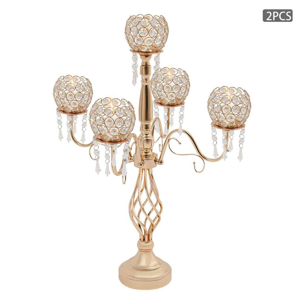 5 Arm Crystal Candelabra Centerpiece Gold 26 Inch Tall Table with Prisms 2 Pack for Home Party Wedding Decor Y260131