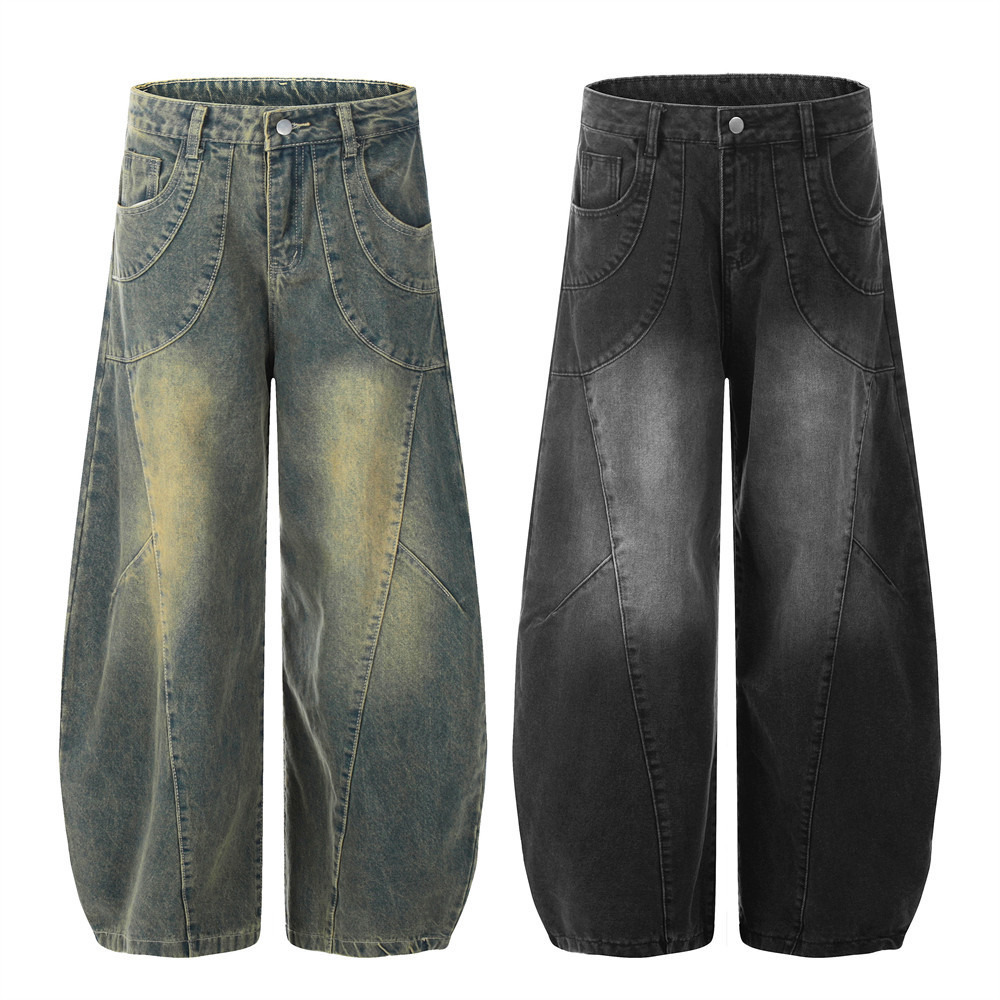 American Style Vintage Washed Denim Scimitar Pants Men Heavy Stitching Split Deconstructed Loose Wide Leg Trousers Trendy