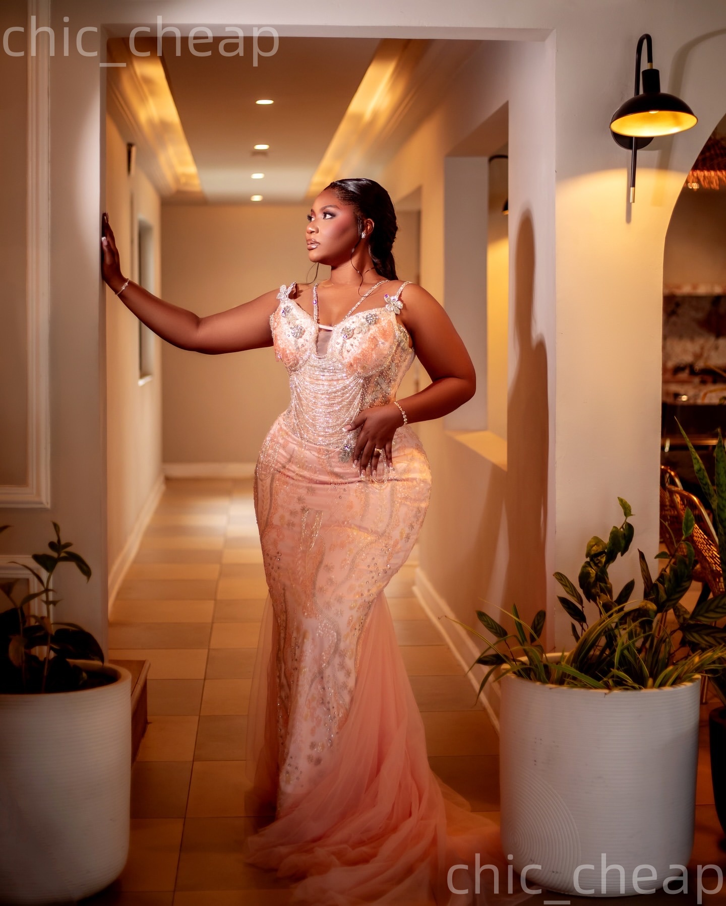 Aso Ebi Peach Mermaid Prom Dresses 2026 Beaded Crystals Flowers Sparkly Evening Formal Party Second Birthday Engagement Gowns Dress For Special Occasi