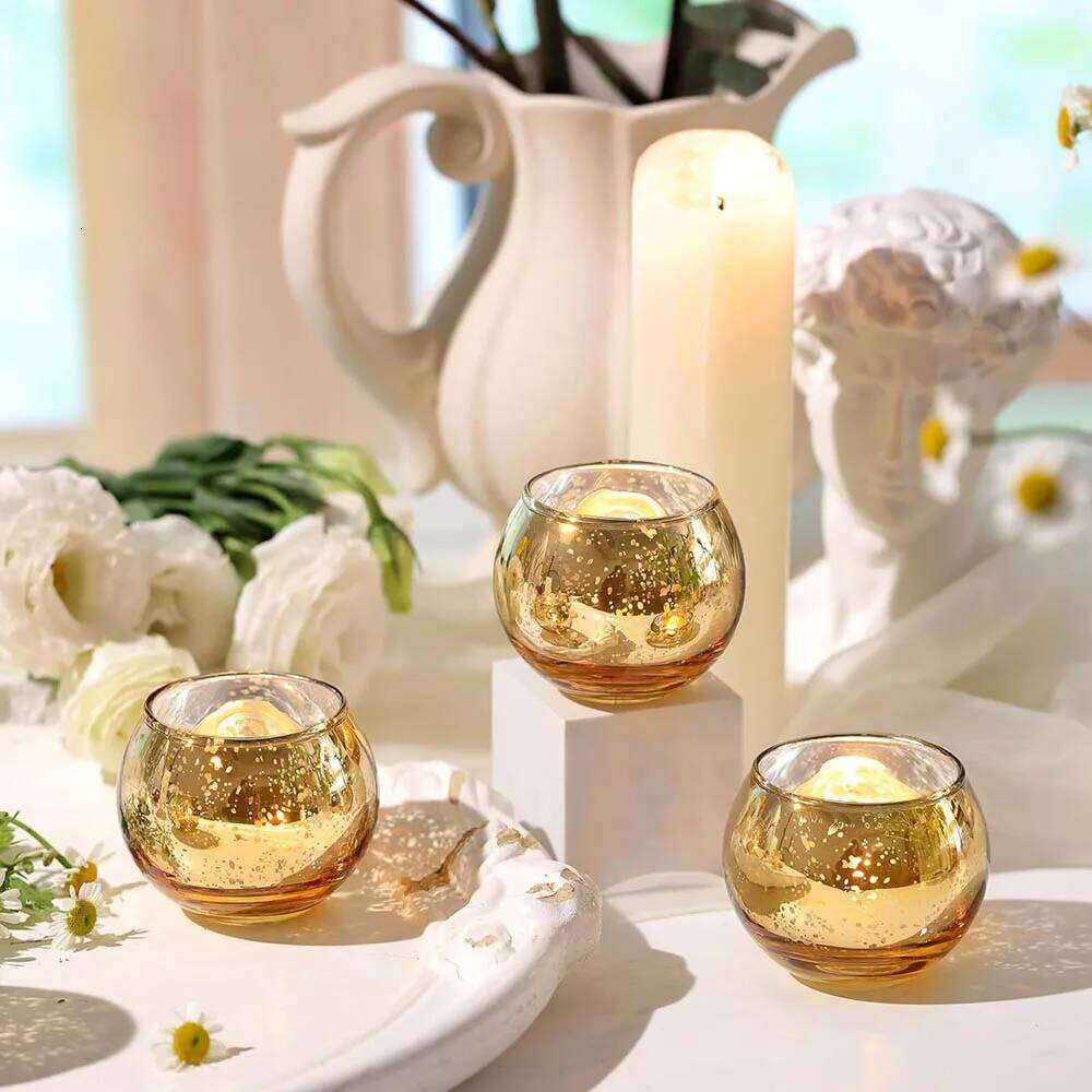 Round Gold Votive Holders, Mercury Glass Candle Holder Y260131