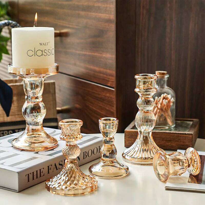 European Style Glass Holders Amber/Pink Candlestick Home Decoration Ornament Candle Tray Atmosphere Props Y260131