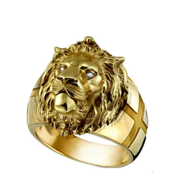 Electroplated Gold Lion Head European And American Style Personality Cross Ring Men's Jewelry