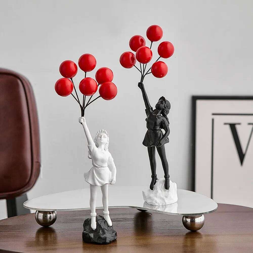 Nordic Modern Resin Statue Home Flying Balloon Girl Art Sculpture Figurine Craft Ornaments Living Room Decor Y260202